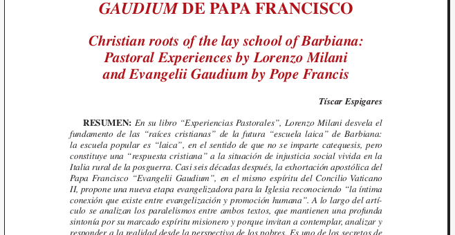 Raíces cristianas de la escuela laica de Barbiana: Experiencias Pastorales de D. Lorenzo Milani y Evangelii Gaudium de Papa Francisco